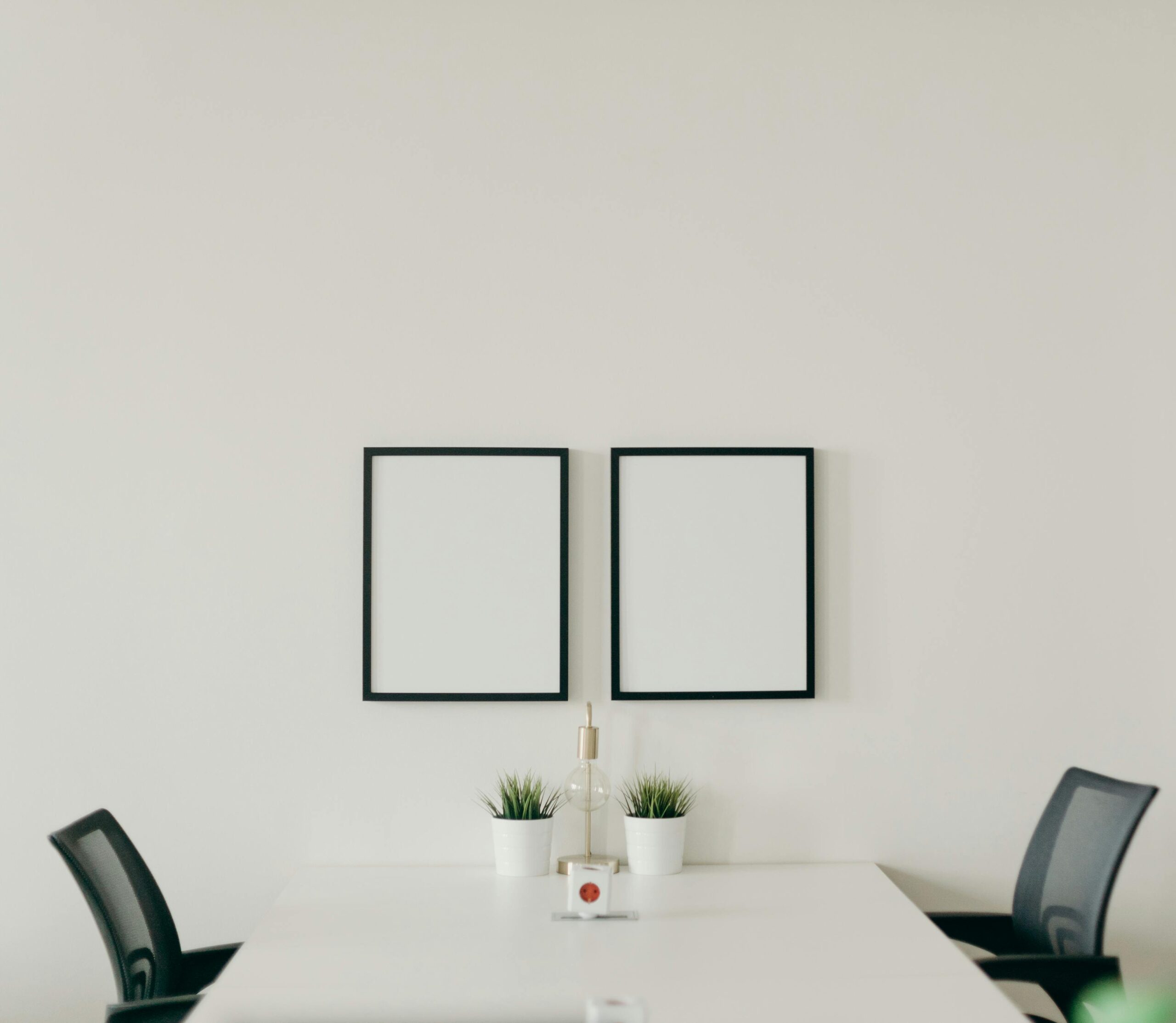 Elegant minimalist home office with white desk, black chairs, and decorative plants, emphasizing simplicity.