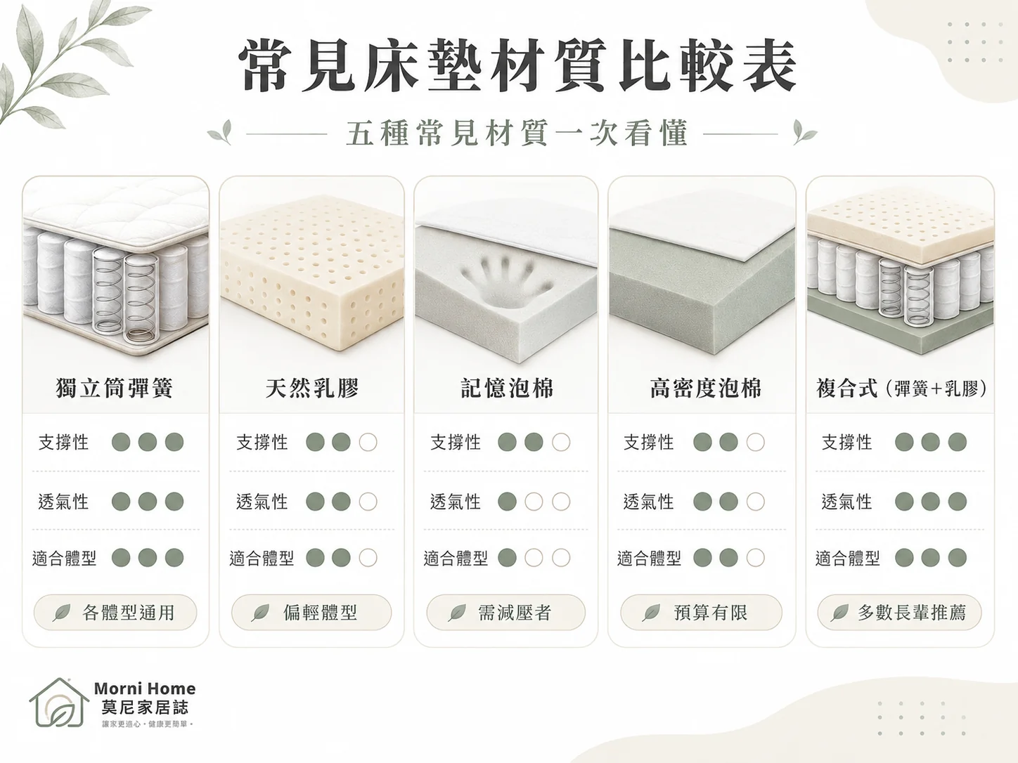 常見床墊材質比較表，比較獨立筒彈簧、天然乳膠、記憶泡棉、高密度泡棉與複合式床墊的支撐性、透氣性與適合體型