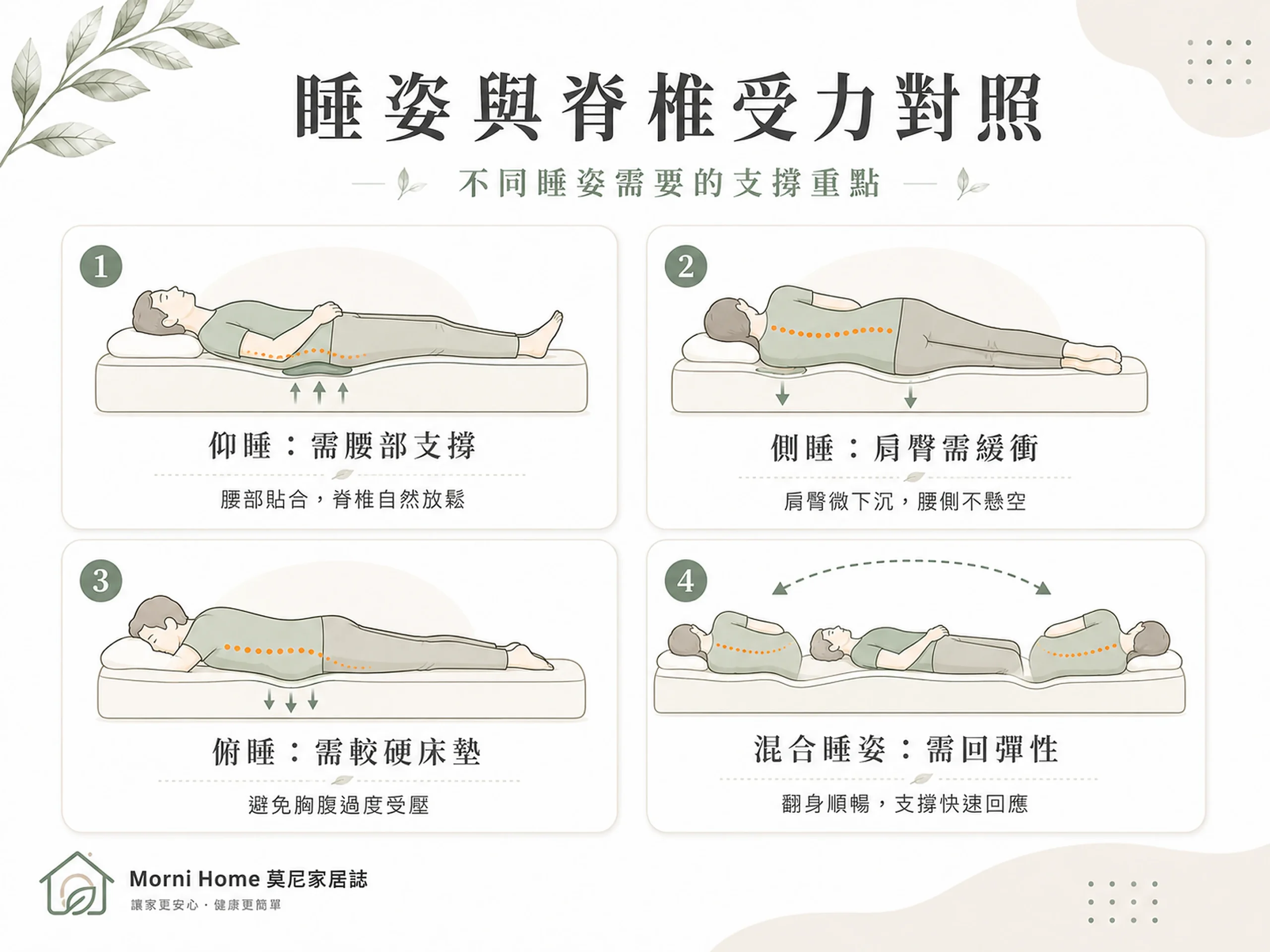 睡姿與脊椎受力對照圖：仰睡、側睡、俯睡、混合睡姿各自需要的床墊支撐重點