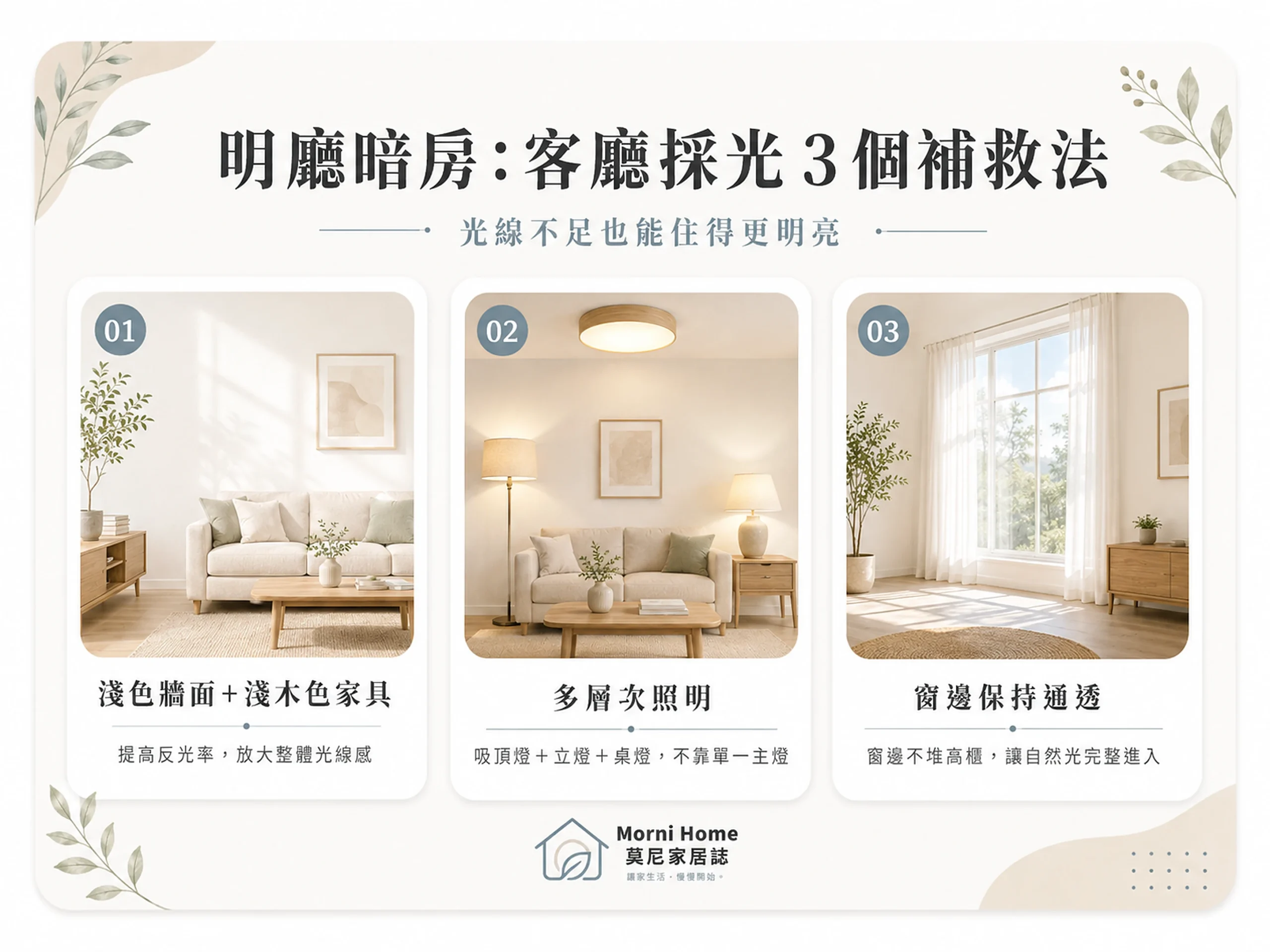 明廳暗房風水原則示範：自然採光搭配立燈的明亮客廳