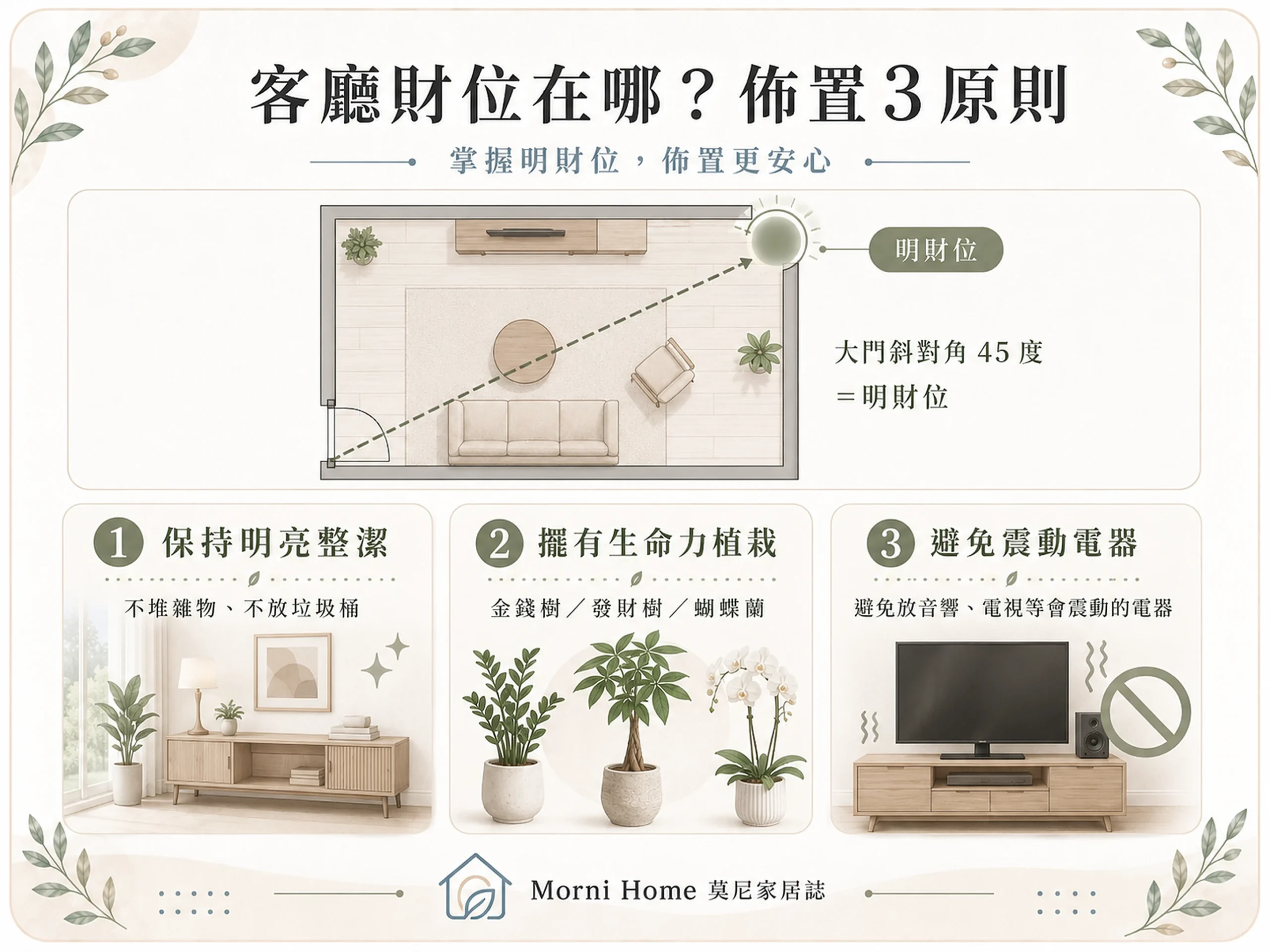 客廳財位佈置示範：大門斜對角以綠植與暖光立燈打造明亮角落