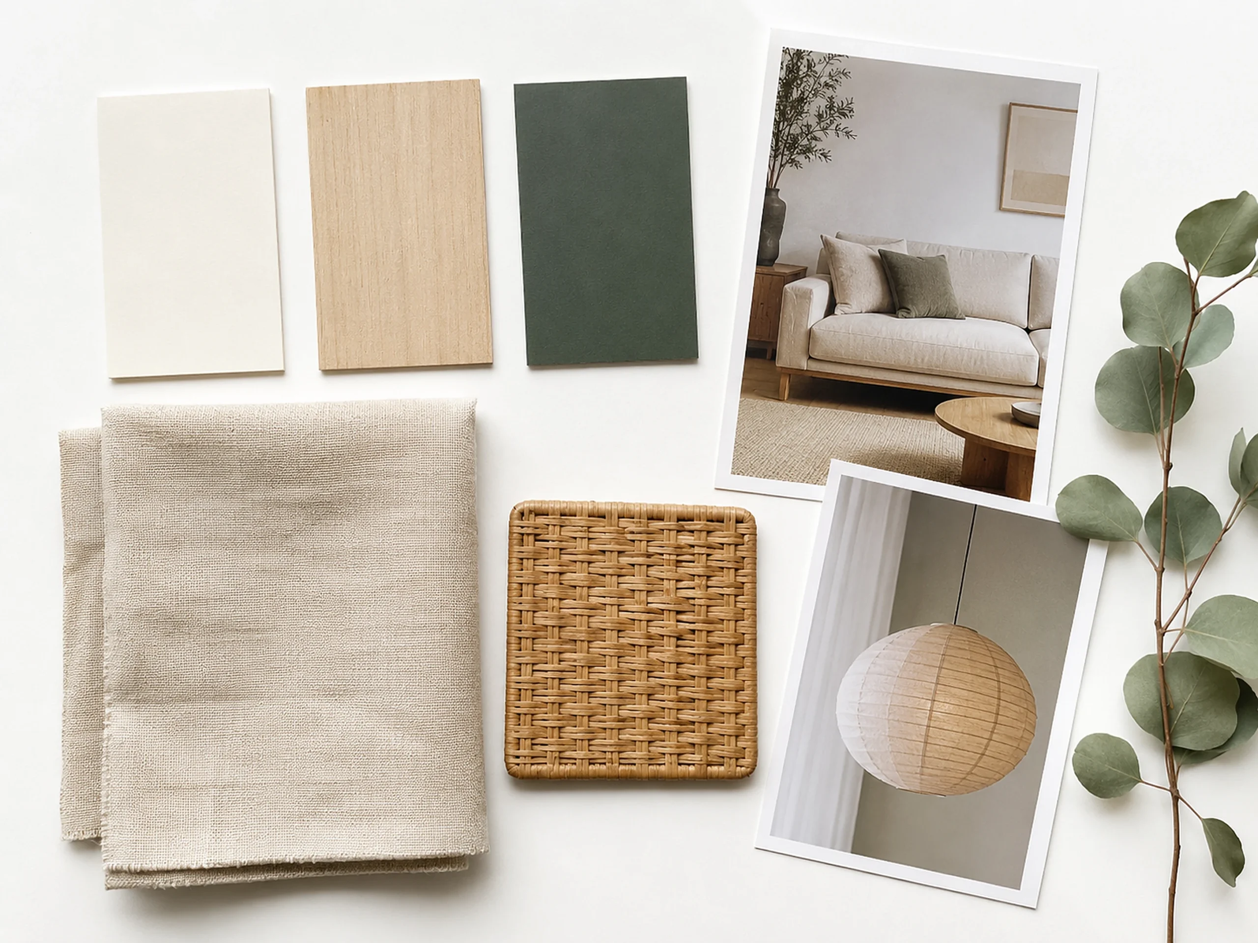 軟裝 Moodboard 情緒板示意：米白、淺木與墨綠色票，搭配亞麻布料、藤編樣本與沙發、紙燈圖片