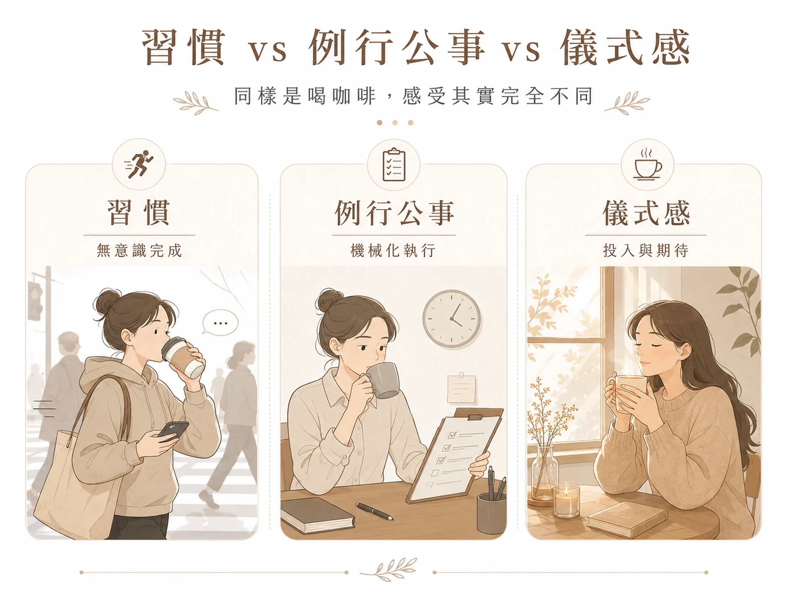 習慣、例行公事與儀式感的差別對比圖：以喝咖啡為例，分別呈現無意識完成、機械化執行與投入期待三種狀態