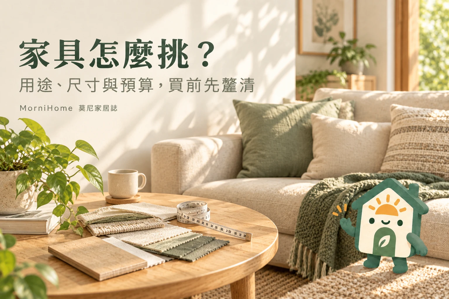 家具怎麼挑指南封面,居家情境搭配 Morni 小屋插畫吉祥物