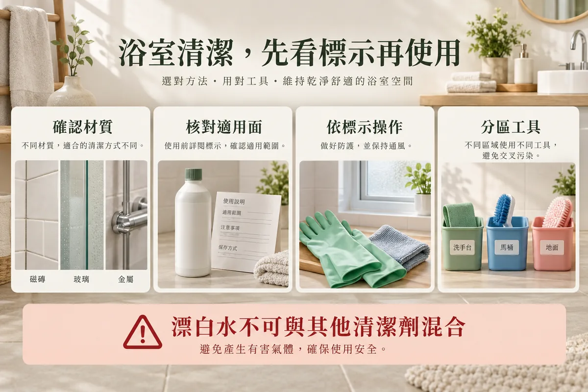 浴室材質適用表面操作標示與分區工具的清潔流程
