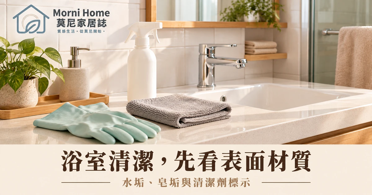 浴室檯面手套抹布與封閉清潔用品的情境