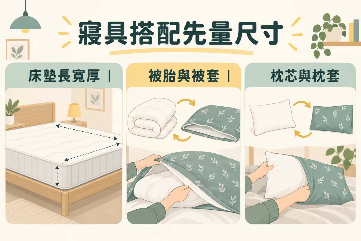 床墊長寬厚被胎被套枕芯枕套的寢具尺寸核對圖