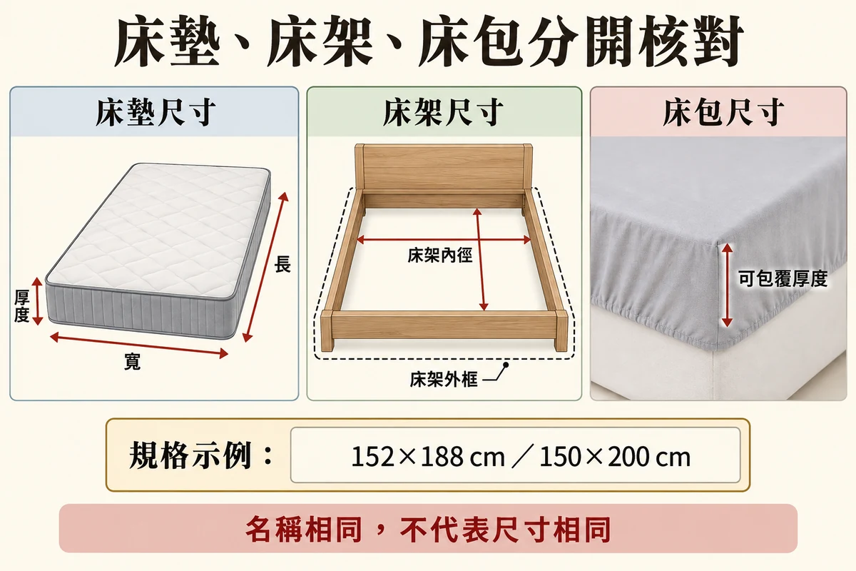 床墊長寬厚度床架內外框及床包包覆厚度對照