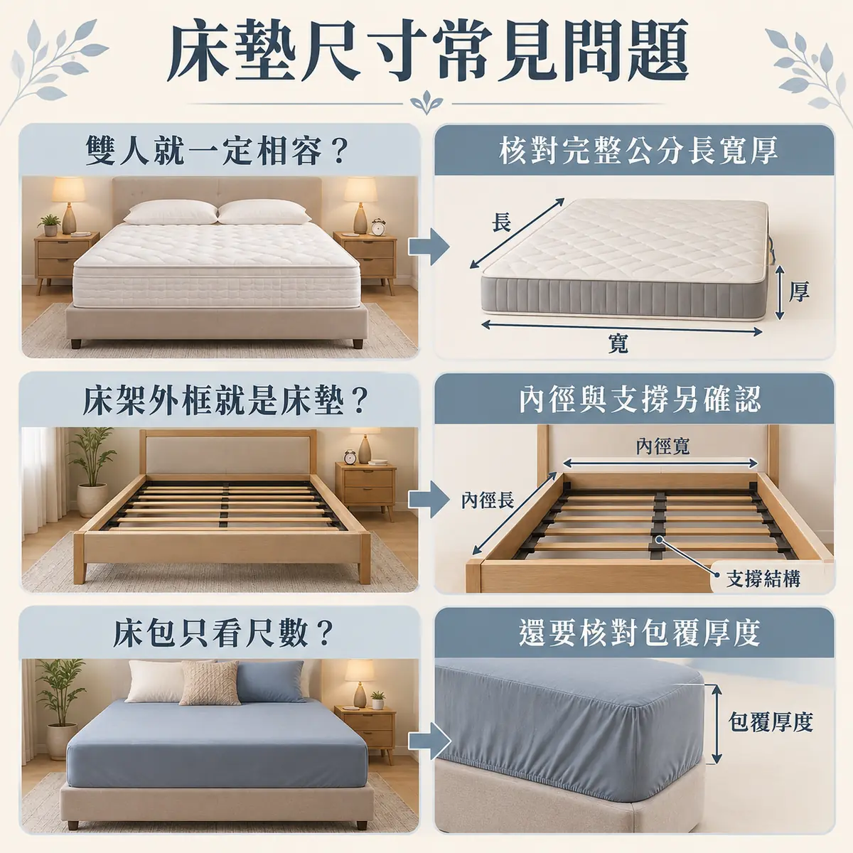 床墊名稱相容床架內徑與床包厚度常見問題
