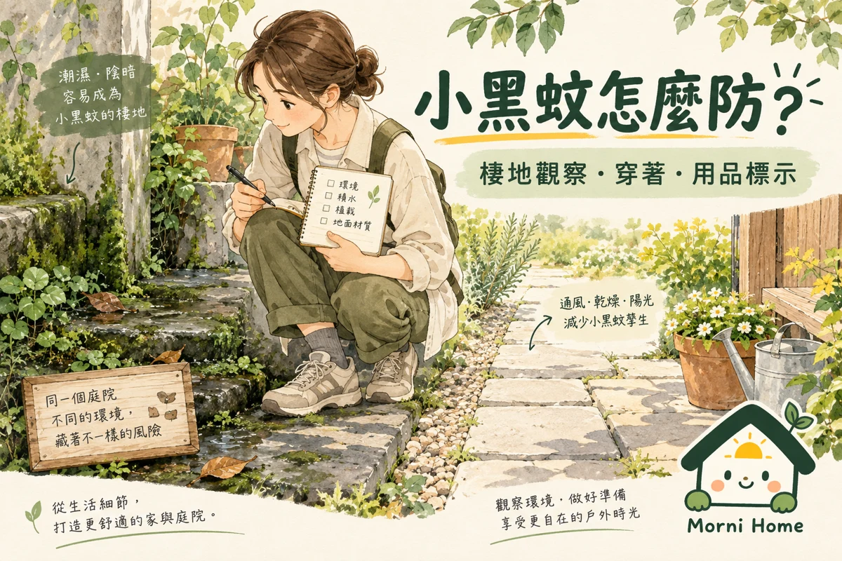 庭院潮濕角落與步道的觀察、防護穿著情境插圖