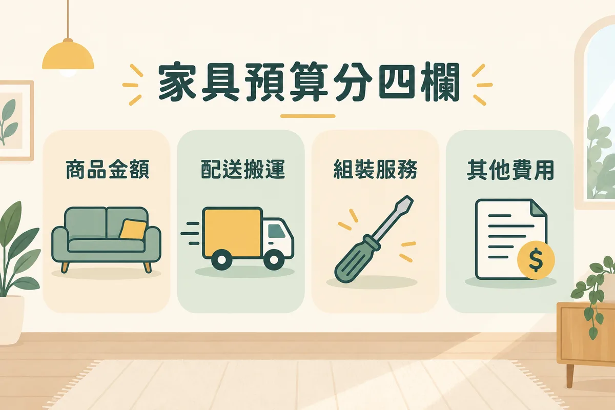 家具預算分成商品金額配送搬運組裝服務及其他費用四欄