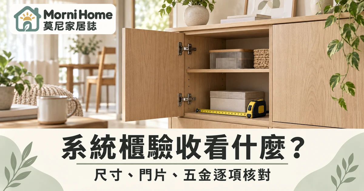 系統櫃驗收封面，木質櫃體與檢查表的居家情境