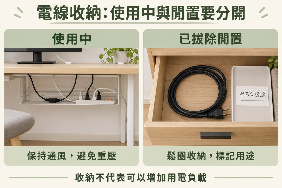 使用中電線保持通風與拔除閒置線材鬆圈保存的對照