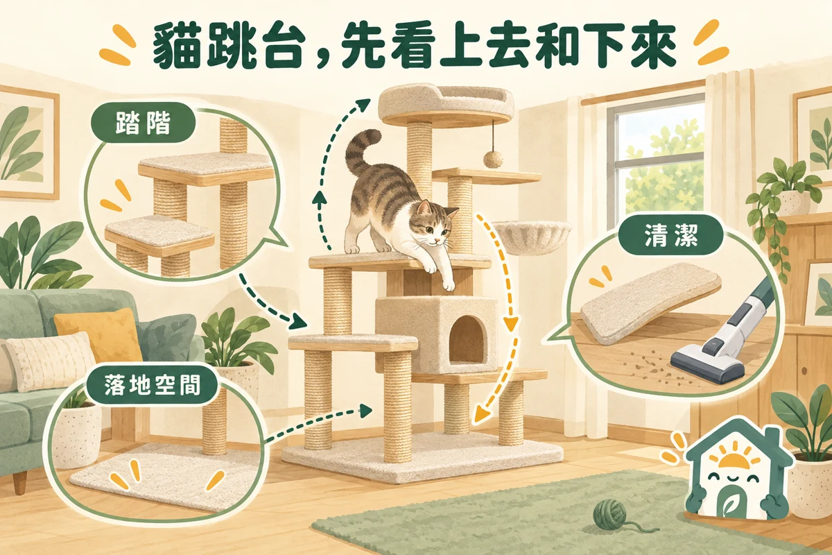 貓跳台踏階、落地空間與可清潔平台的動線示意