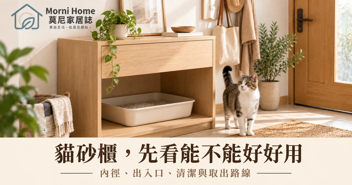 開放前側木質貓砂櫃與站在旁邊的貓咪居家情境