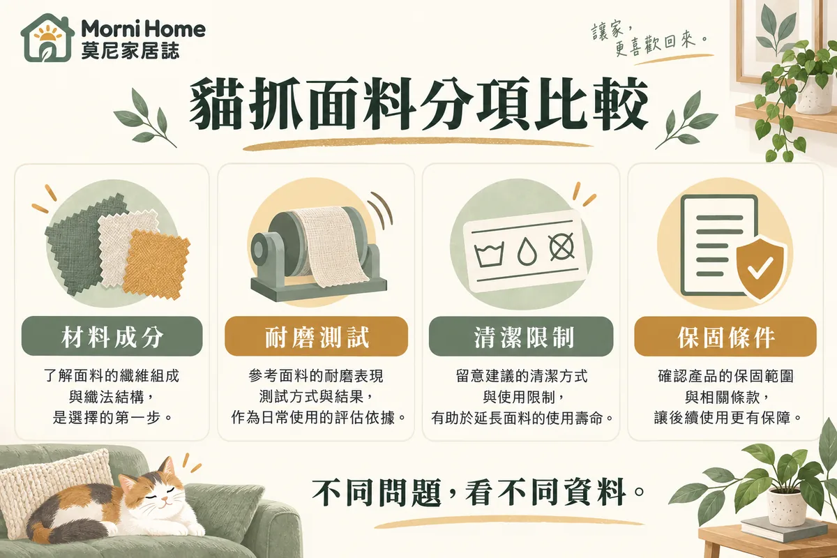 貓抓面料的材料成分、耐磨測試、清潔限制與保固比較示意