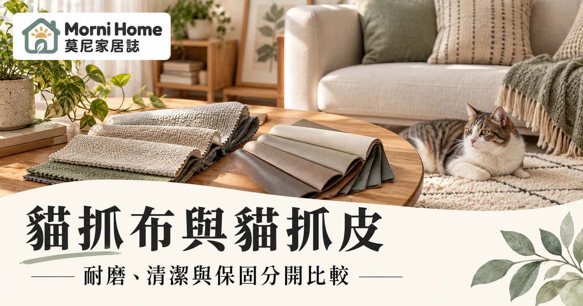 貓在沙發旁休息,桌上展示布感與皮感面料樣本