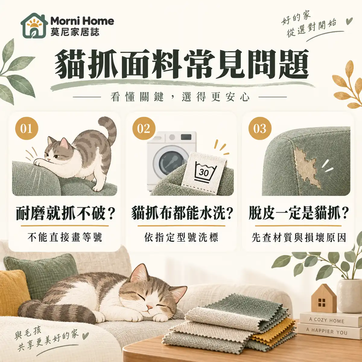 貓抓面料耐磨、洗標與剝落原因的常見問題圖卡