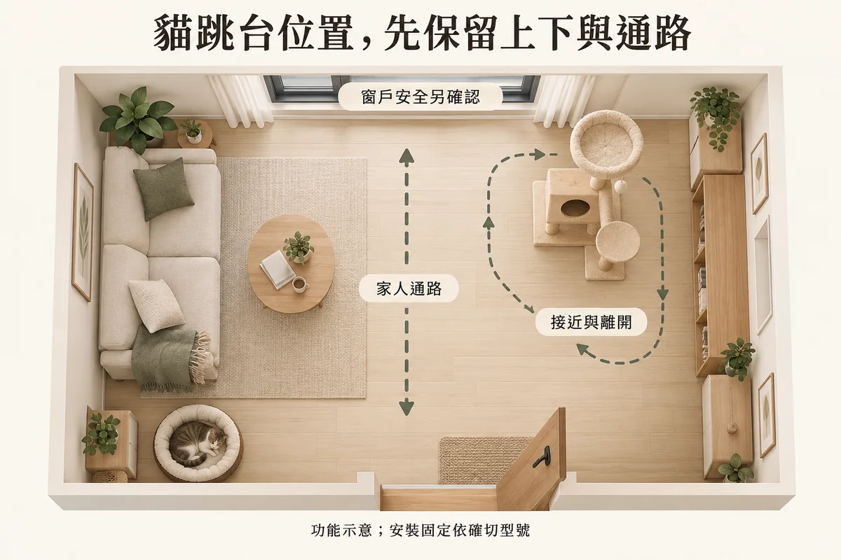 貓跳台周邊上下路線家人通路與窗戶位置的功能示意