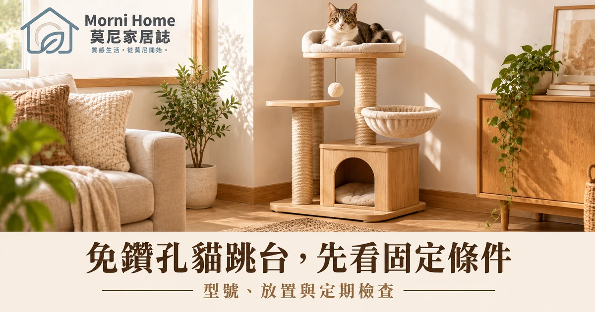 貓咪使用木質落地貓跳台的居家情境