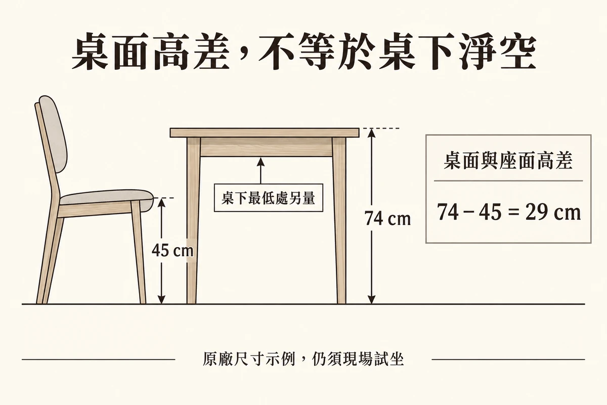 餐桌高七十四公分與座高四十五公分的差值和桌下淨空示意