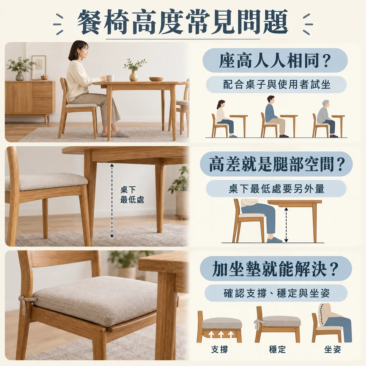 餐椅座高腿部空間與加坐墊的三項常見問題