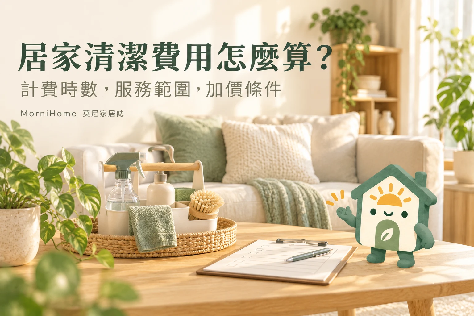 居家清潔費用怎麼算？：居家情境與 MorniHome 吉祥物示意