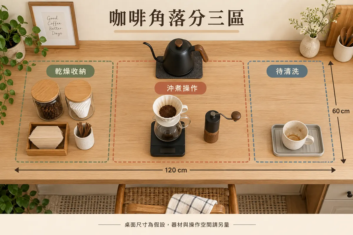 假設一百二十乘六十公分桌面分為乾燥操作與待清洗三區