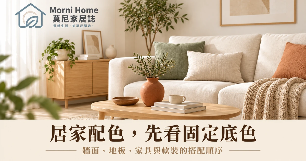 奶白沙發木質家具與綠色陶土色小物的居家配色情境