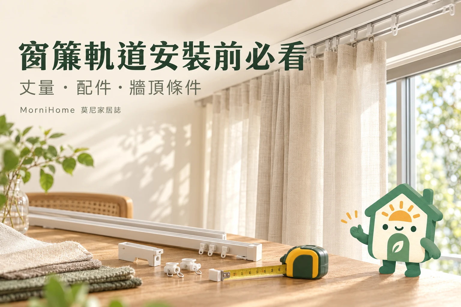 窗簾軌道安裝前必看：居家情境與 MorniHome 吉祥物示意