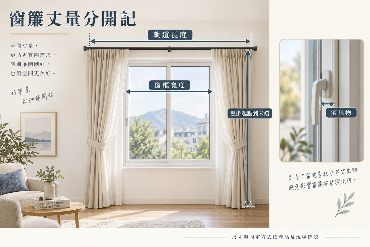 窗框寬度軌道長度懸掛高度與突出把手的丈量項目圖