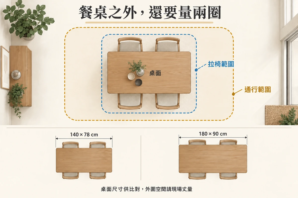 餐桌外圍拉椅與通行範圍，以及兩組公開桌面尺寸的對照示意