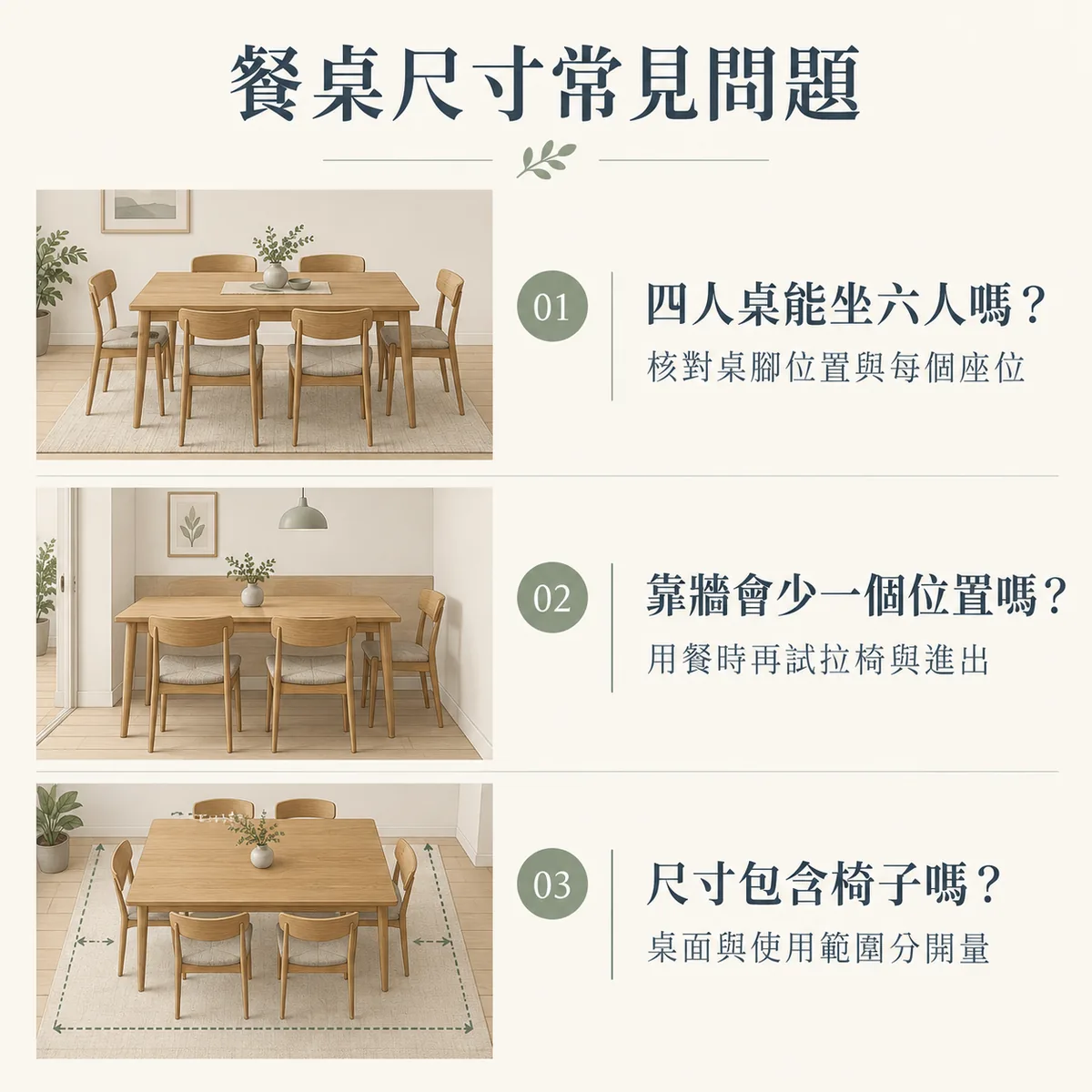 四人桌加座、靠牆擺放與餐桌尺寸定義的常見問題圖卡