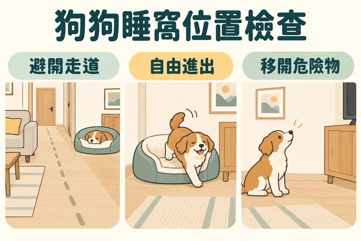 狗狗睡窩避開走道自由進出及移開危險物的三項配置示意