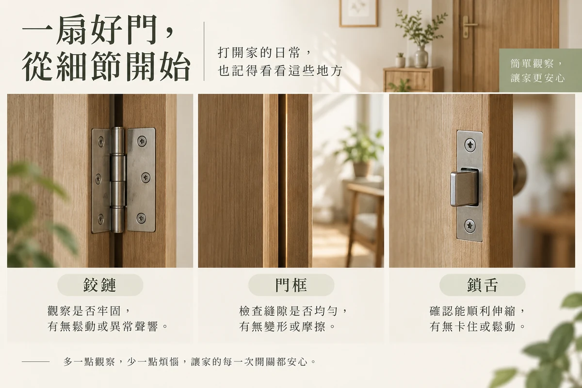 房門鉸鏈門框與鎖舌的三處外觀觀察