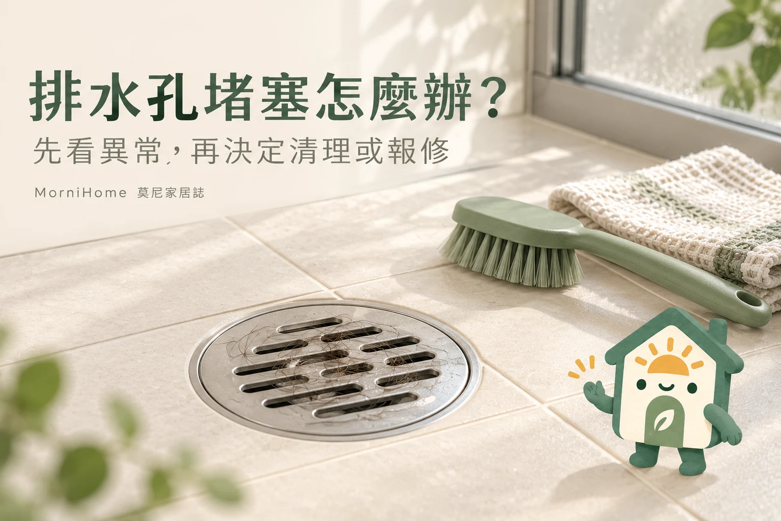 排水孔表面毛髮、清潔刷與 MorniHome 吉祥物的情境示意