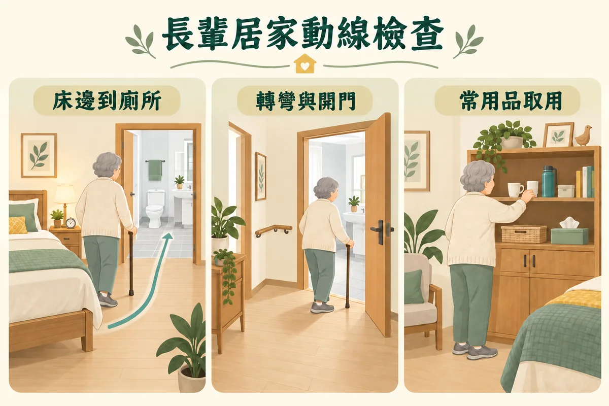 長輩從床邊到廁所轉彎開門及取用常用品的動線示意