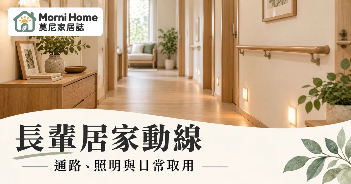 長輩居家動線封面，通路暢通並設有照明的居家走道