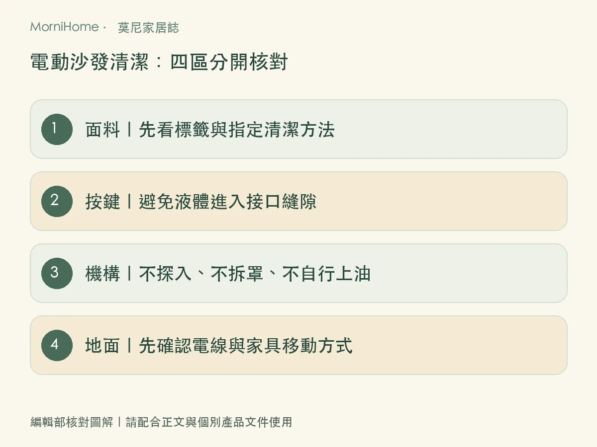 電動沙發清潔:四區分開核對,整理本文核對順序