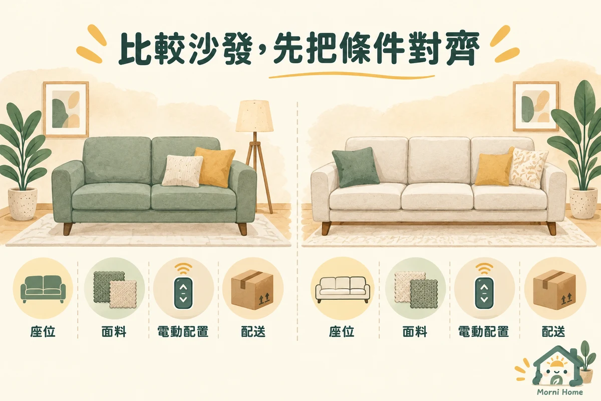 兩張概念沙發搭配座位面料電動配置與配送比較欄位