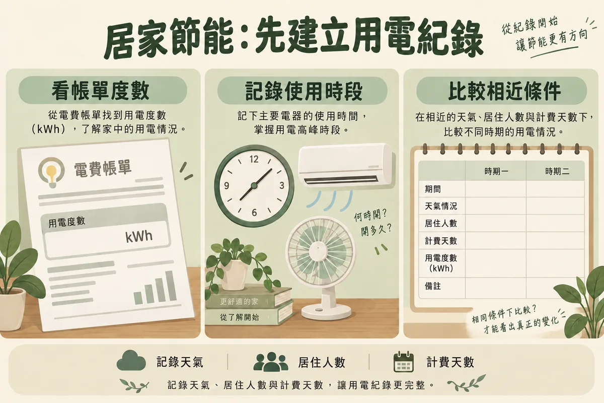 居家節能核對帳單度數使用時段與比較條件的記錄流程