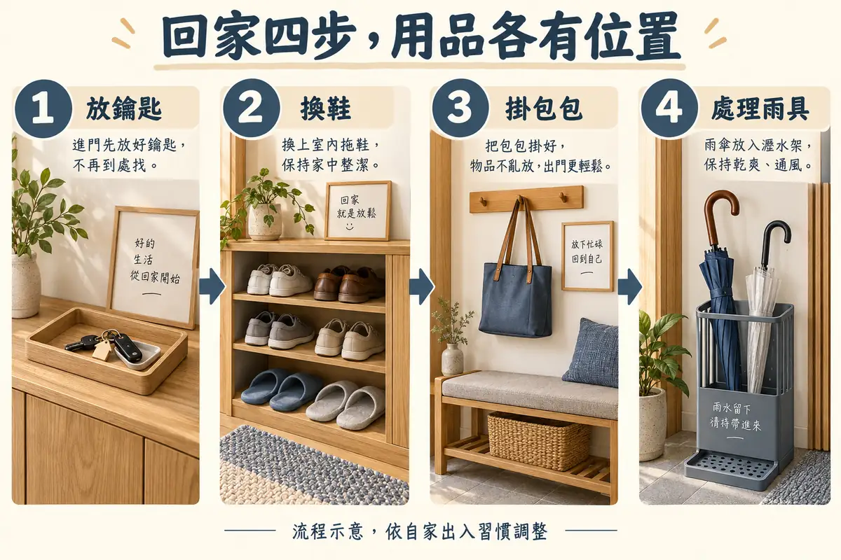 回家放鑰匙換鞋掛包包及處理雨具的四步流程示意