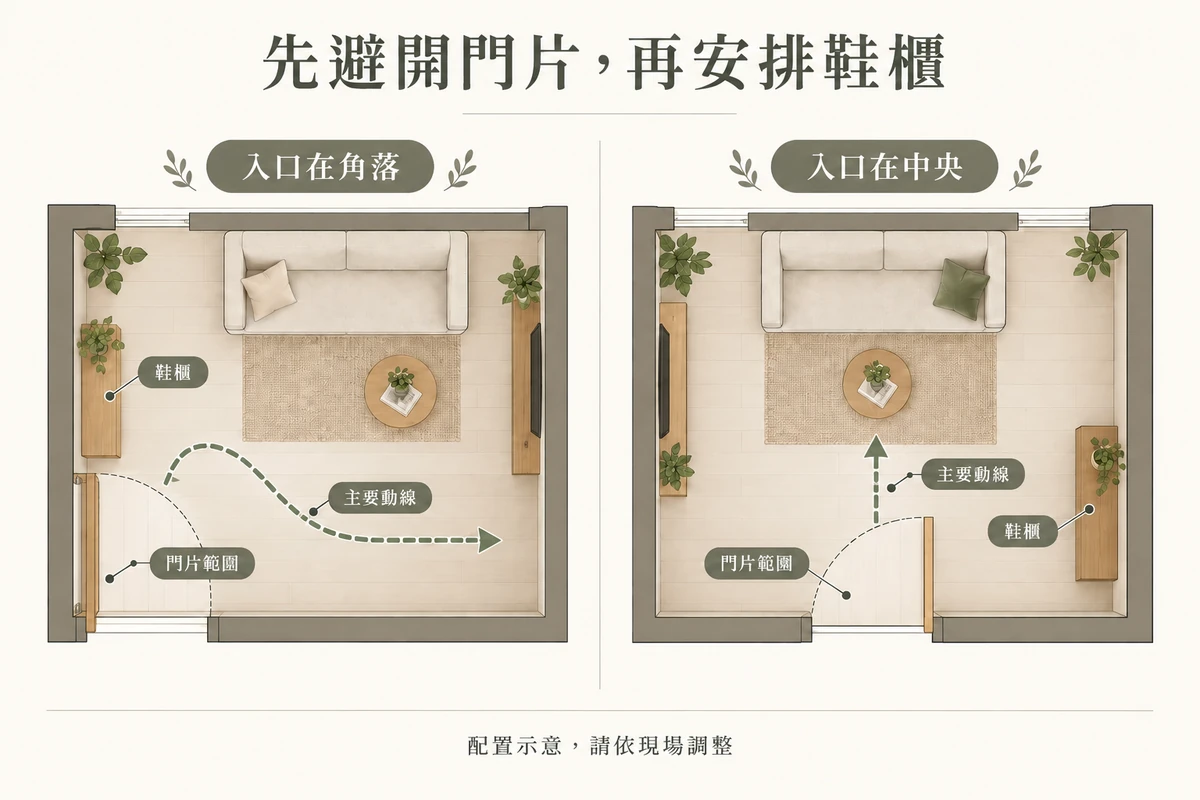 入口在角落與中央時，鞋櫃避開門片範圍的兩種概念配置