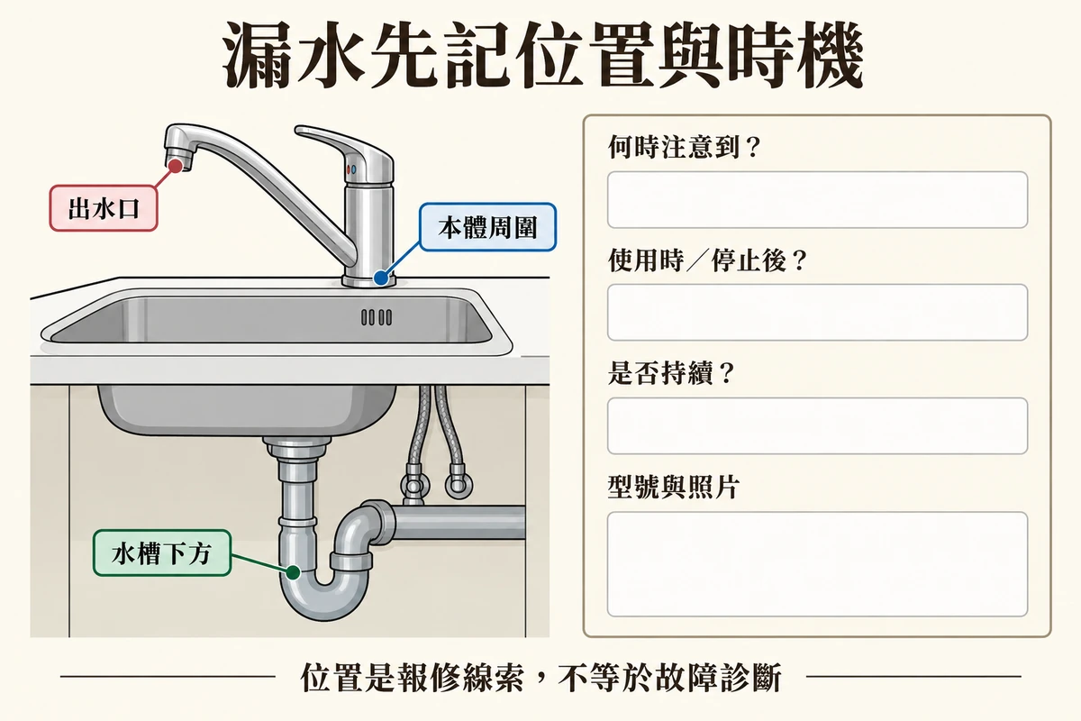 水龍頭出水口本體水槽下方與發生時機紀錄示意