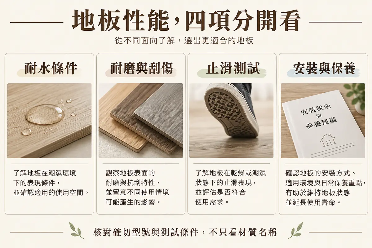 地板耐水耐磨止滑與安裝保養四項核對圖