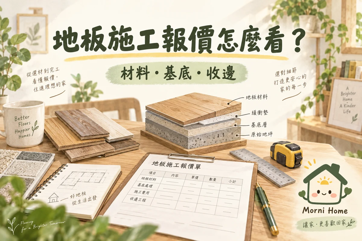 地板樣板、基底與收邊報價的概念插圖，非施工詳圖