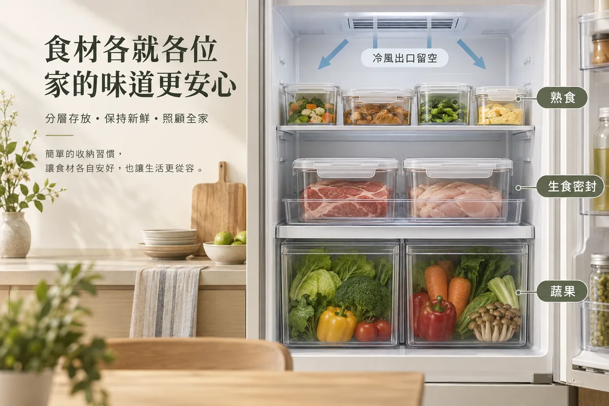 冰箱熟食上層生食密封下層與蔬果抽屜分區
