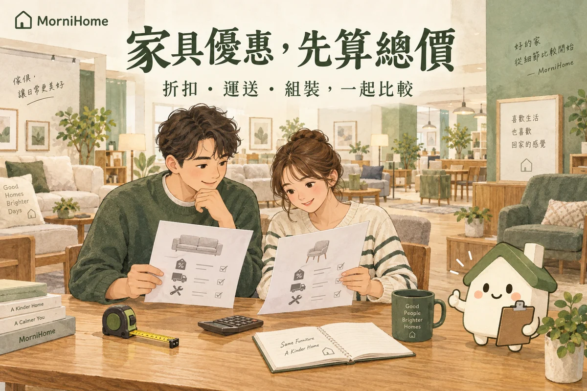 家具優惠怎麼比？折扣、運費與組裝的總價計算表的居家情境示意圖