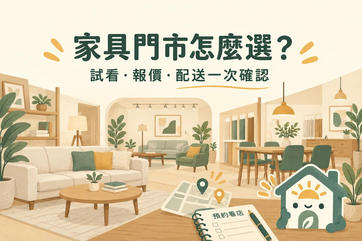 家具展示間、地圖與預約筆記的門市試看情境插圖