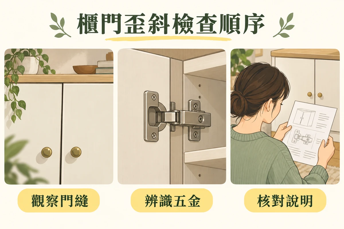 櫃門觀察門縫辨識五金與核對原廠說明示意